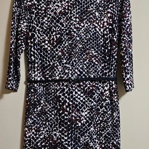 Brown blue and white Patterned short sleeve Midi Dress